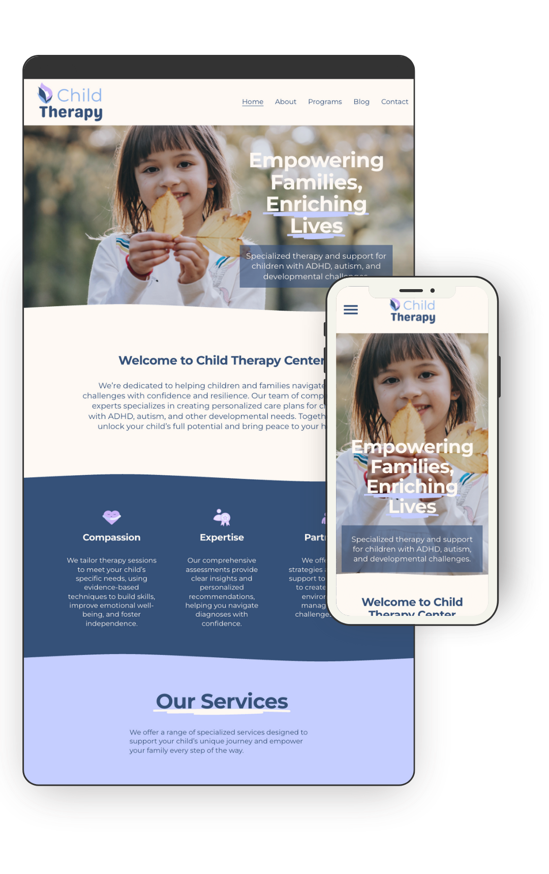 Child Therapy Center website displayed on a tablet and smartphone.