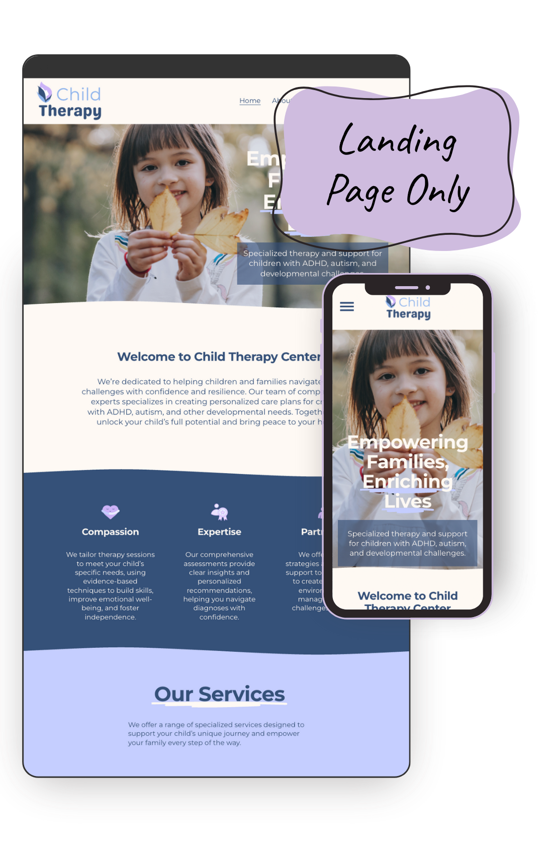 Child Therapy Center landing page displayed on a tablet and smartphone.